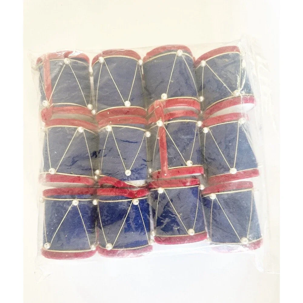 Vintage Christmas Ornaments Flocked Drums Red and Blue Velvet Pearls Lot Of 12